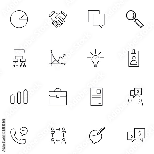 Set of business developing icons, related to office equipment, graph, chart web icons, black outline isolated on white background EPS Vector such as lamp, coffee, computer, clock 