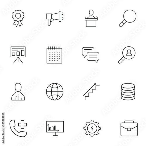 Set of business developing icons, related to office equipment, graph, chart web icons, black outline isolated on white background EPS Vector such as lamp, coffee, computer, clock 