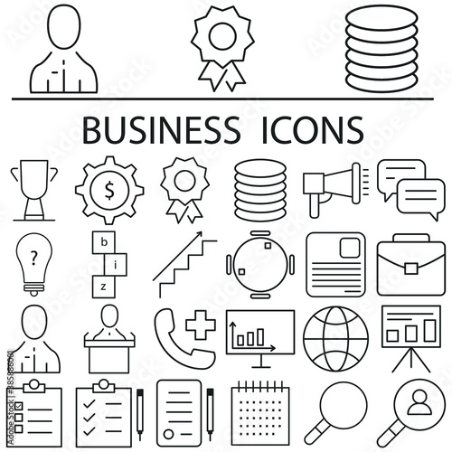 Set of business developing icons, related to office equipment, graph, chart web icons, black outline isolated on white background EPS Vector such as lamp, coffee, computer, clock 