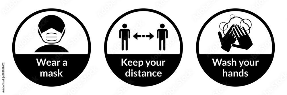 Set of Round Coronavirus Covid-19 Instruction Sticker Icons including Wear a Mask, Keep Your Distance and Wash Your Hands. Vector Image. Set of Round Coronavirus Covid-19 Instruction Sticker Icons including Wear a Mask, Keep Your Distance and Wash Your Hands. Vector Image.