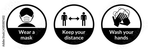 Set of Round Coronavirus Covid-19 Instruction Sticker Icons including Wear a Mask, Keep Your Distance and Wash Your Hands. Vector Image.