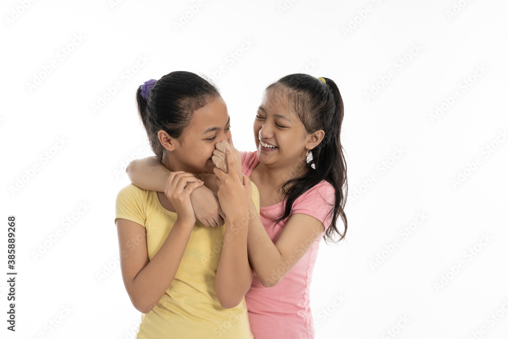portrait happy from two young girl isolated in white background portrait happy from two young girl isolated in white background