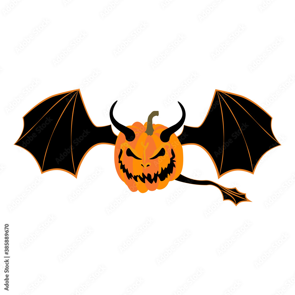 Fototapeta premium Halloween pumpkin monster with wings and horns vector illustration
