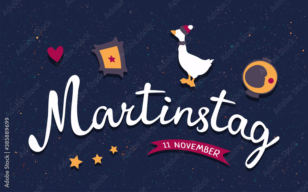 Martinstag or Saint Martin's day in Deutsch language. Greeting card with hand drawn calligraphic lettering, paper lantern, goose, banner, hearts. Сelebrated on November 11 in Germany. Grainy textured.