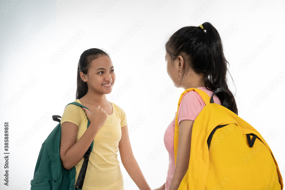 two couple student meet friend carrying bag and books in casual clothes isolated in white background two couple student meet friend carrying bag and books in casual clothes isolated in white background