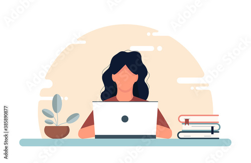 Concept of work and study at home, chat online support remotely from home. Isolated white background. Young girl at a computer with flowers, books and a lamp. Illustration, flat style.