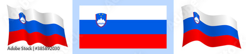 Slovenia flag in static position and in motion, developing in wind in exact colors and sizes, on white background