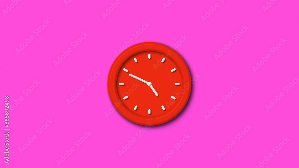 Red color 12 hours 3d wall clock isolated on pink background, 3d wall clock Red color 12 hours 3d wall clock isolated on pink background, 3d wall clock