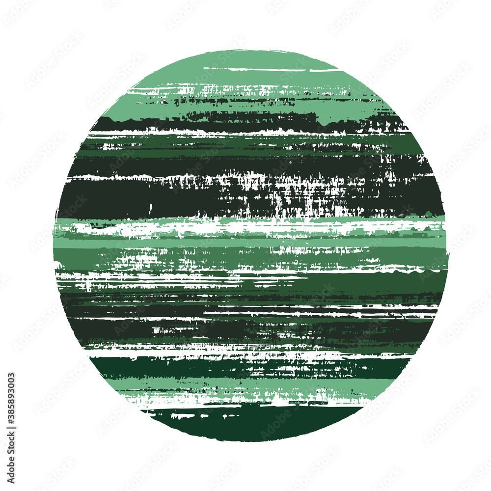 Modern circle vector geometric shape with stripes texture of ink horizontal lines. Planet concept with old paint texture. Emblem round shape circle logo element with grunge stripes background.