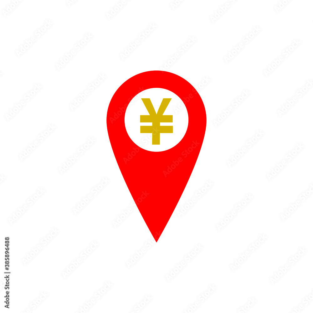 Red Location pin and yuan sign on white background Red Location pin and yuan sign on white background