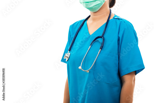 A confident female nurse standing with stethoscope, woman doctor in blue uniform, studio shot isolated on over white background, medical health concept