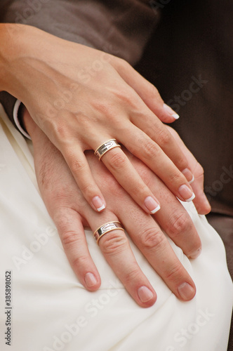 a hands of the bride and groom with wedding rings