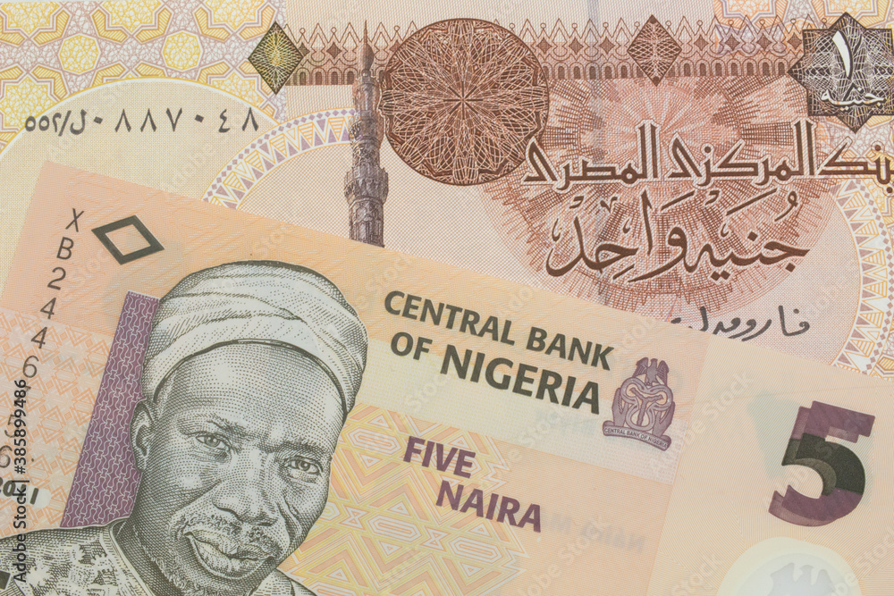 Obraz premium A macro image of a orange, plastic five naira note from Nigeria paired up with a one pound banknote from Egypt. Shot close up in macro.