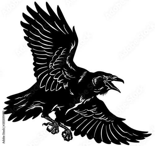 A raven in flight. Flying black bird. Hand drawn crow. Tattoo. Isolated vector illustration