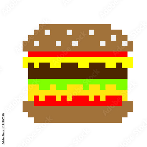 Hamburger in a pixel style on a white background. The design is suitable for fast food, cafes, postcards, paintings, factories, kitchen decor, t-shirt printing and clothing. Isolated vector