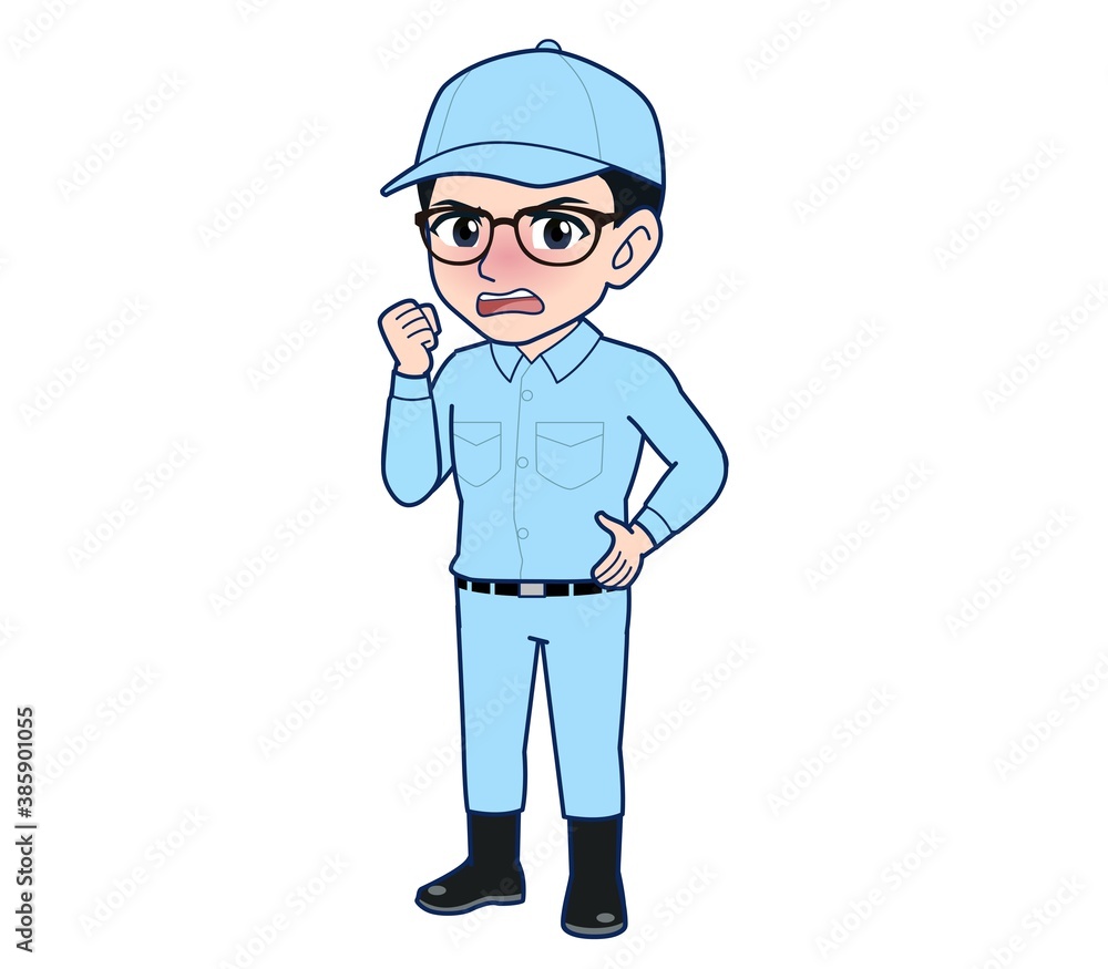 Young man in light blue work clothes Young man in light blue work clothes