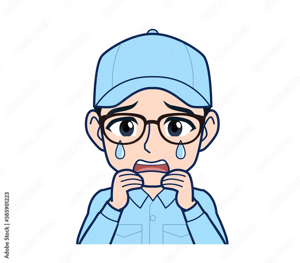 Young man in light blue work clothes Young man in light blue work clothes