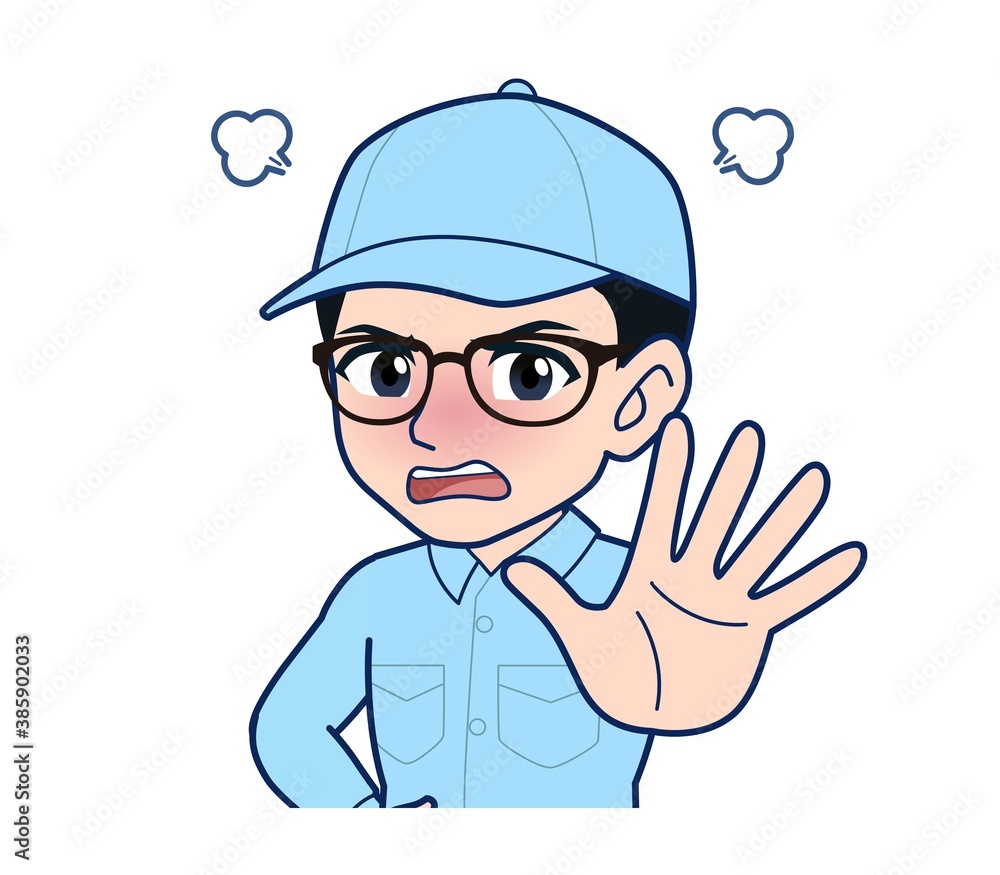 Young man in light blue work clothes Young man in light blue work clothes