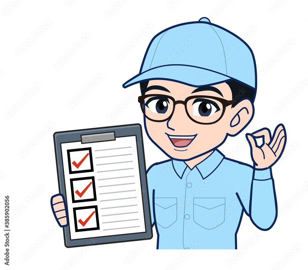 Young man in light blue work clothes Young man in light blue work clothes