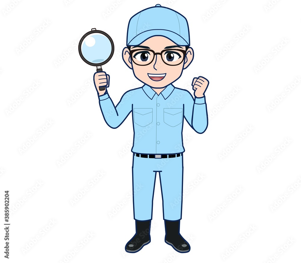 Young man in light blue work clothes Young man in light blue work clothes