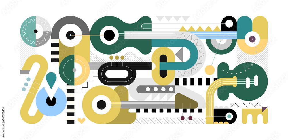 Geometric style vector illustration, colored flat design of different musical instruments isolated on a white background. Abstract art composition of electric guitar, acoustic guitars, trumpet and sax
