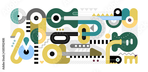 Geometric style vector illustration, colored flat design of different musical instruments isolated on a white background. Abstract art composition of electric guitar, acoustic guitars, trumpet and sax