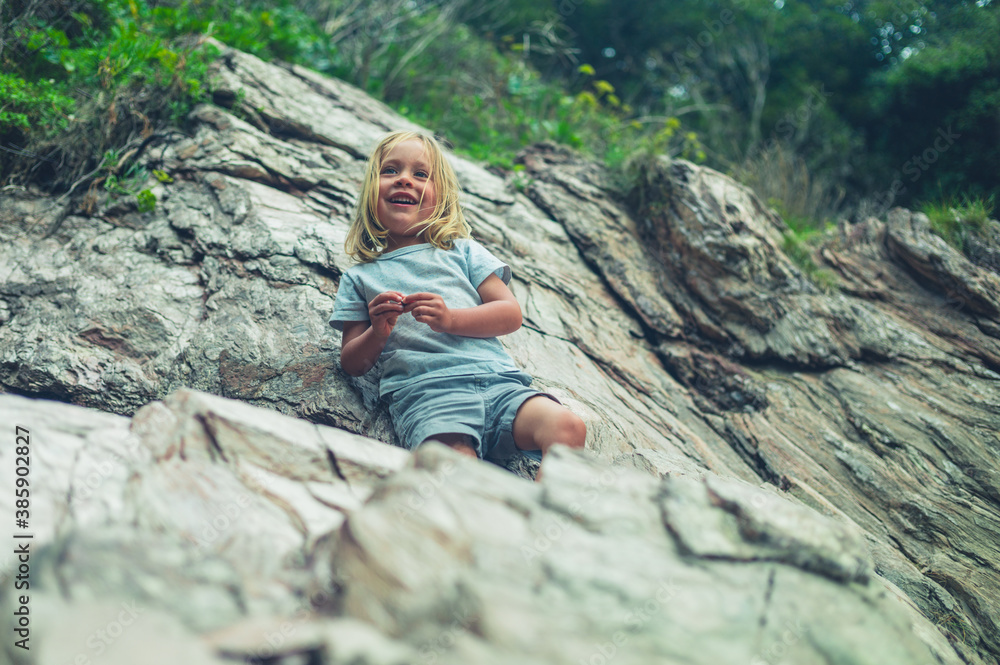 Naklejka premium Preschooler climbing rocks on the beach