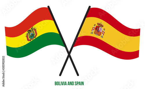 Bolivia and Spain Flags Crossed And Waving Flat Style. Official Proportion. Correct Colors.