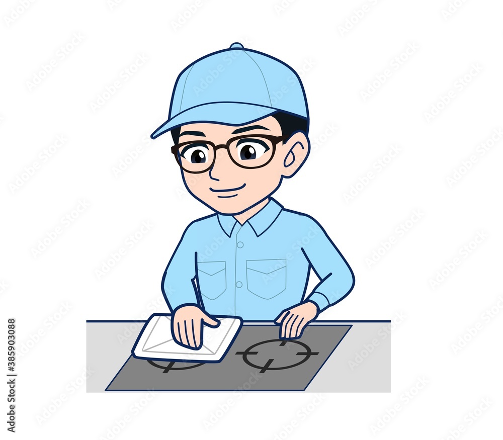 Young man in light blue work clothes Young man in light blue work clothes