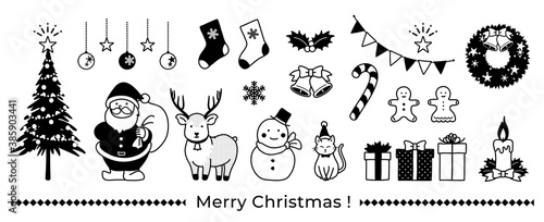 かわいいクリスマスの素材セット（モノクロ）
