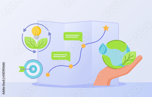 Nature conservation plan strategy concept hand hold earth route target green leaf energy white isolated background with flat style