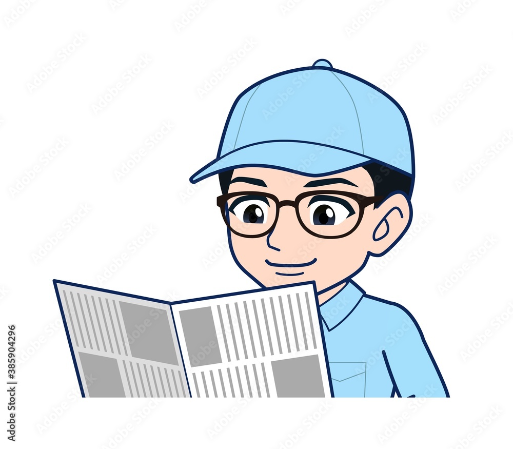 Young man in light blue work clothes Young man in light blue work clothes