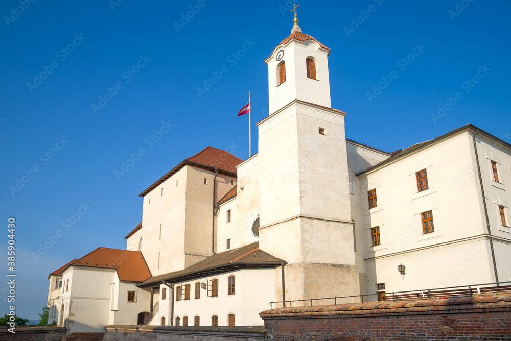 Shpilberk Castle is close-up against the background of a blue cloudless sky. Brno, Czech Republic
