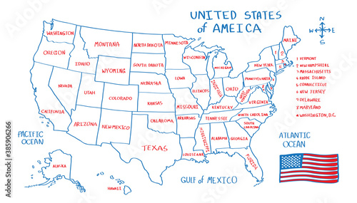 United State of America vector map isolated on white background. Red and Blue line freehand drawing doodle style with name of state and flag.