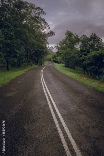 Perspective road in the countryside going through the green grass and trees, Queensland Australia