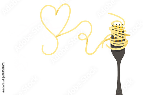 Long pasta on a fork in the shape of a heart. Drawing on a white background. To design a menu, postcard, poster, or website.