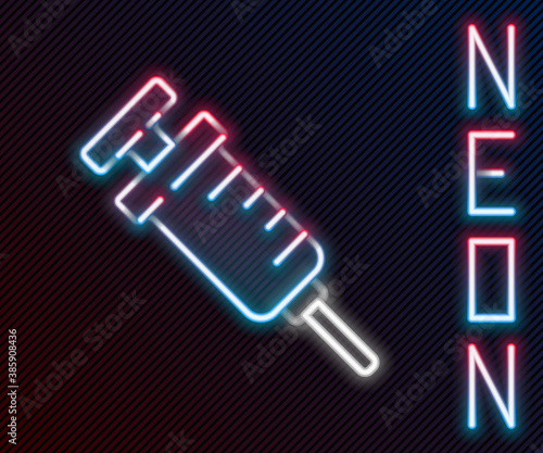 Glowing neon line GMO syringe icon isolated on black background. Genetically modified organism acronym. Dna food modification. Colorful outline concept. Vector.