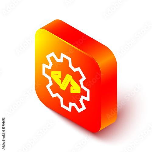 Isometric line Web design and front end development icon isolated on white background. Orange square button. Vector.