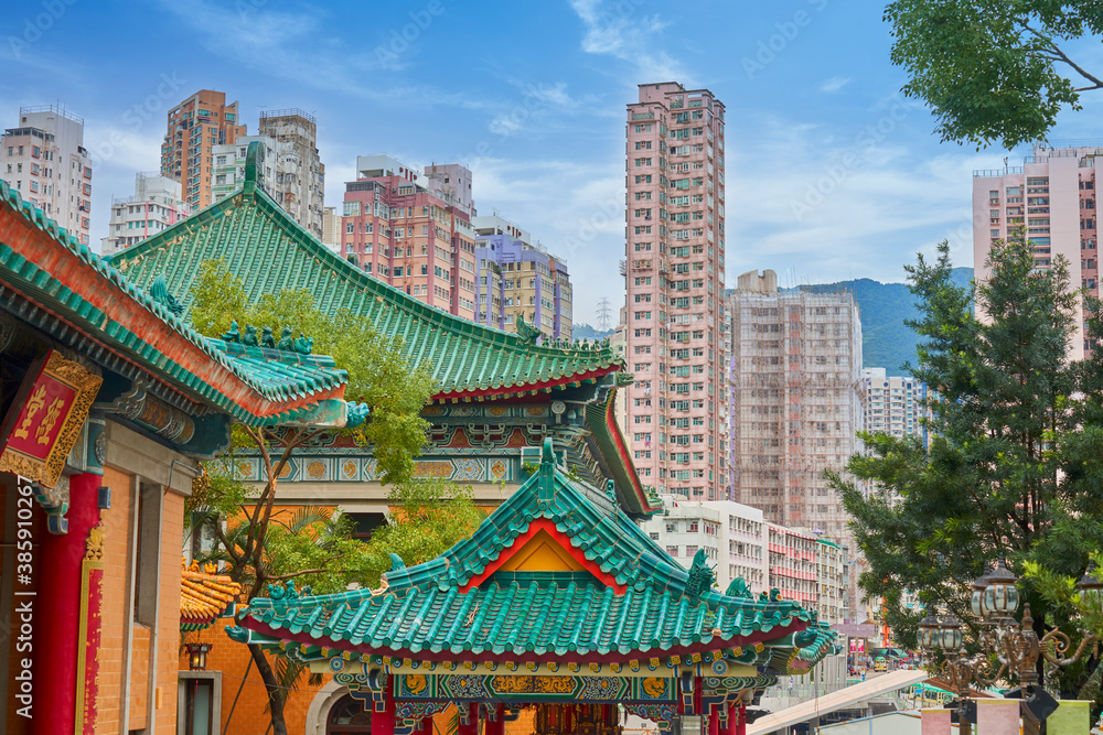 Hong kong cityscape with old culture temple and building background