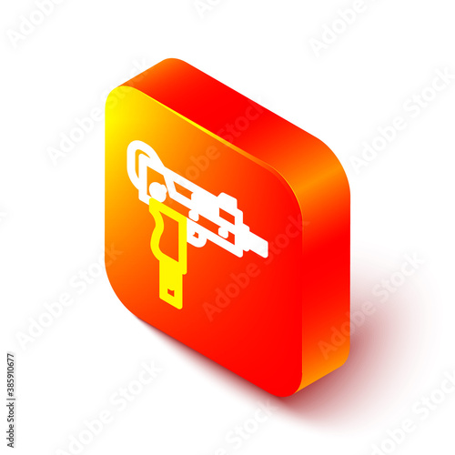 Isometric line UZI submachine gun icon isolated on white background. Automatic weapon. Orange square button. Vector.