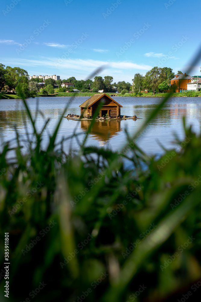 Obraz premium House for birds on the water in the middle of the lake. Seagulls and wild ducks.