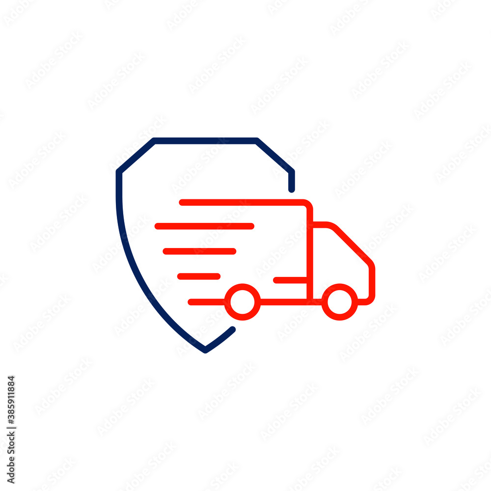 Truck with a shield. Secure shipping services. Safe delivery icon concept isolated on white background. Vector illustration Truck with a shield. Secure shipping services. Safe delivery icon concept isolated on white background. Vector illustration