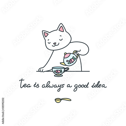 Tea is always a good idea. Tllustration of a white cat pouring tea from a teapot into a cup isolated on white background. Vector 8 EPS.