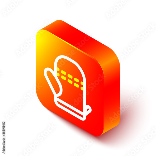 Isometric line Oven glove icon isolated on white background. Kitchen potholder sign. Cooking glove. Orange square button. Vector.