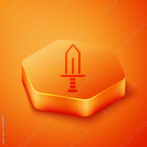 Isometric Sword icon isolated on orange background. Medieval weapon. Orange hexagon button. Vector.