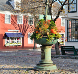 An autumn cornucopia on Nantucket, Cape Cod, Massachusetts. Seasonal fall decorations for Halloween Thanksgiving season. 