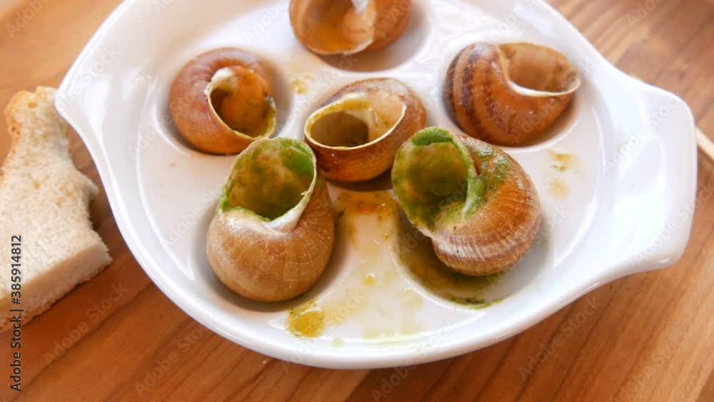Eaten snail dish in sauce on a special plate in a restaurant. Expensive and healthy food, empty shells. Eaten snail dish in sauce on a special plate in a restaurant. Expensive and healthy food, empty shells.