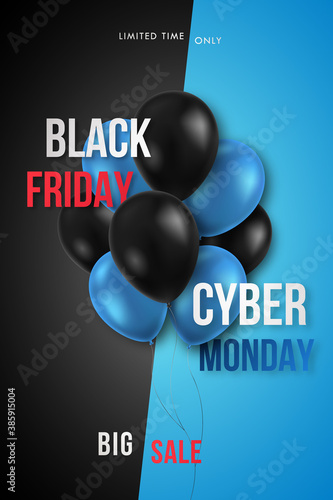 Black Friday and Cyber Monday promotion poster. Black and blue balloons on background. Sale vector banner.