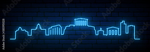 Blue neon skyline of Athens. Bright Athens City long banner. Vector illustration.