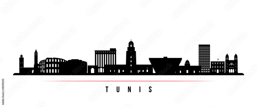 Tunis skyline horizontal banner. Black and white silhouette of Tunis City. Vector template for your design.